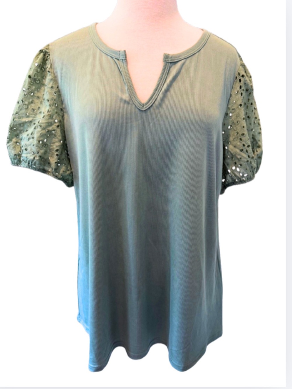 Eyelet Sleeve, Notch Neck Rib Top in Sage